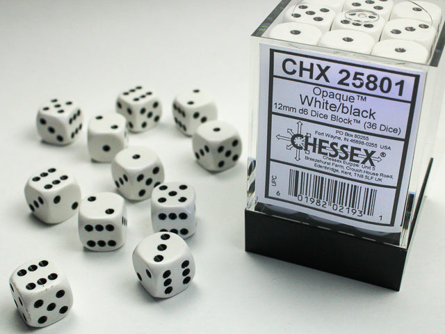 Opaque 12mm D6 White/ Black Dice