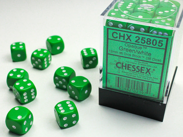 Opaque 12mm D6 Green/White Dice