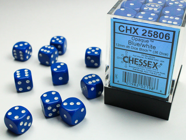 Opaque 12mm D6 Blue/White Dice