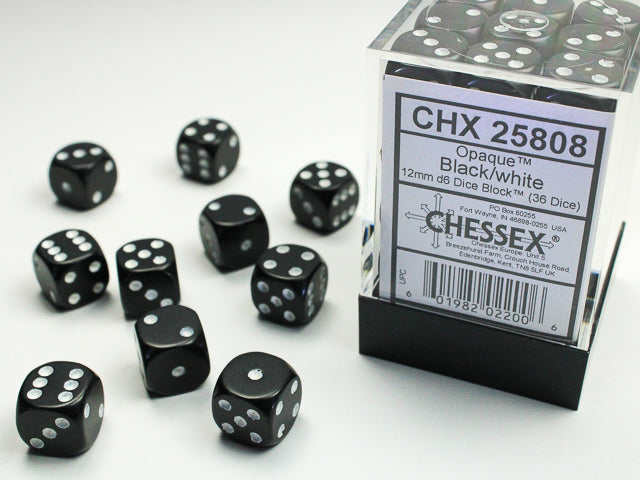 Opaque 12mm D6 Black/White Dice