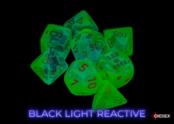 Gemini Plasma Green- Teal/Orange Polyhedral 7-Die Set